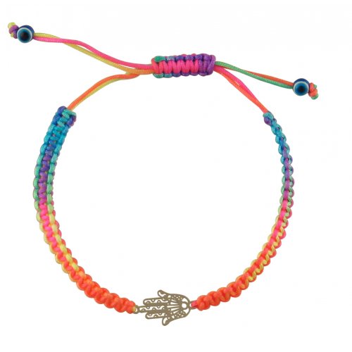 Neon Multicolor Braided Cord Bracelet - Silver Hamsa