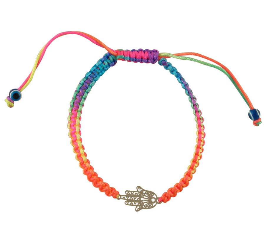 Neon Multicolor Braided Cord Bracelet - Silver Hamsa