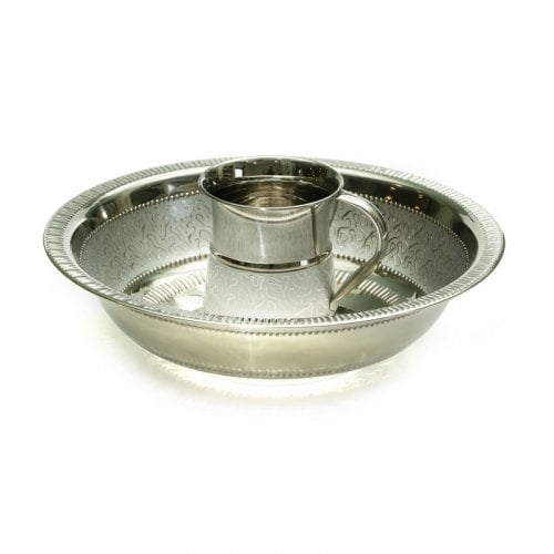 Netilat Yadayim Wash Cup with Matching Bowl, Wavy Design  Silver