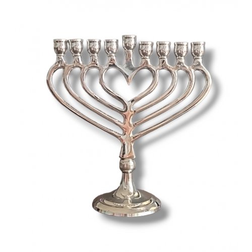 Nickel Chanukah Menorah with Branches Forming Heart, For Candles - 7.4 Inches