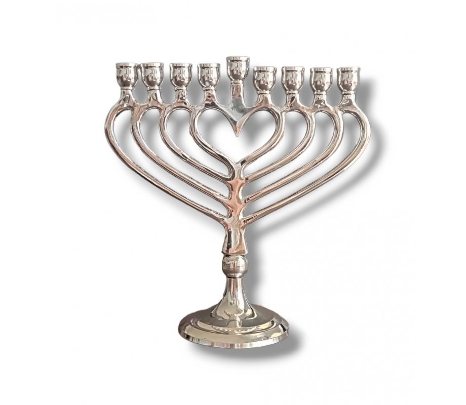 Nickel Chanukah Menorah with Branches Forming Heart, For Candles - 7.4 Inches