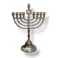 Nickel Chanukah Menorah with Decorative Star of David on Stem - 8 Inches Height