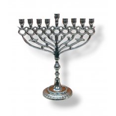 Nickel Chanukah Menorah with Pomegranate and Leaf Design, For Candles - 10 Inch