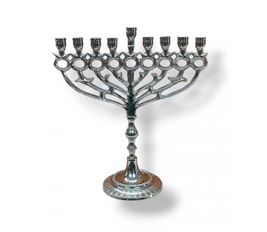 Nickel Chanukah Menorah with Pomegranate and Leaf Design, For Candles - 10 Inch