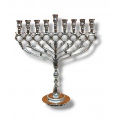 Nickel Chanukah Menorah with Pomegranate and Leaf Design, For Candles - 12 Inch