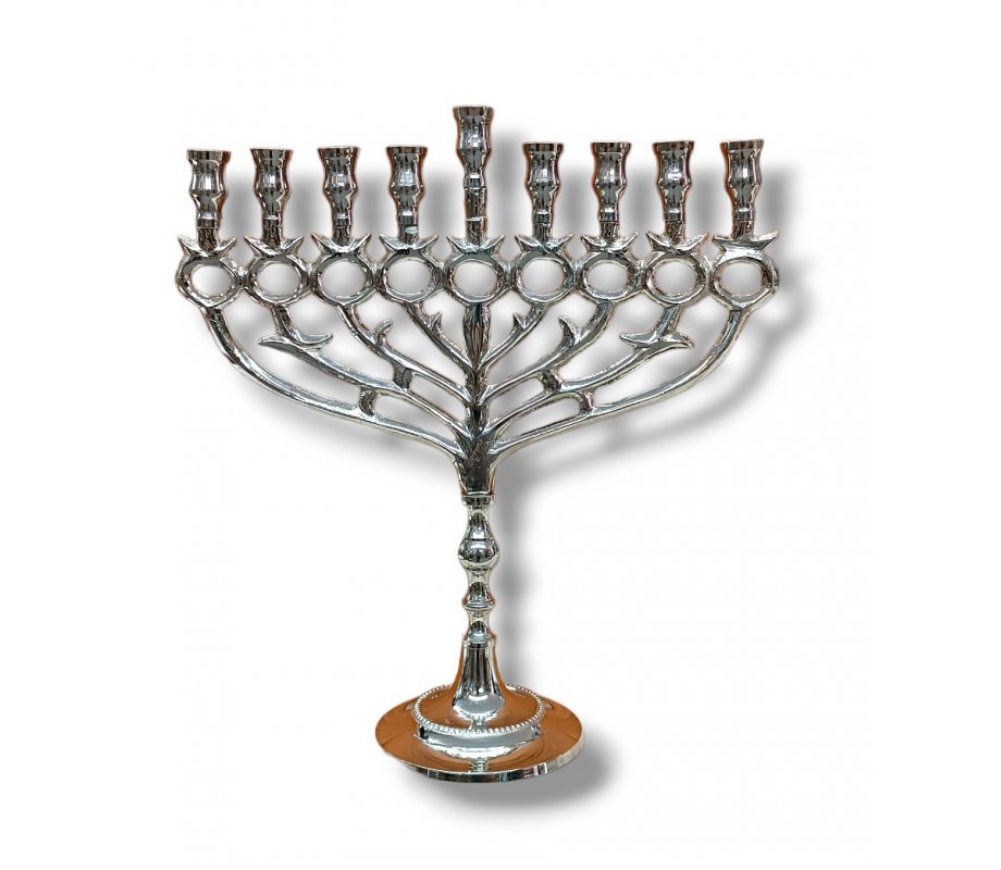 Nickel Chanukah Menorah with Pomegranate and Leaf Design, For Candles - 12 Inch