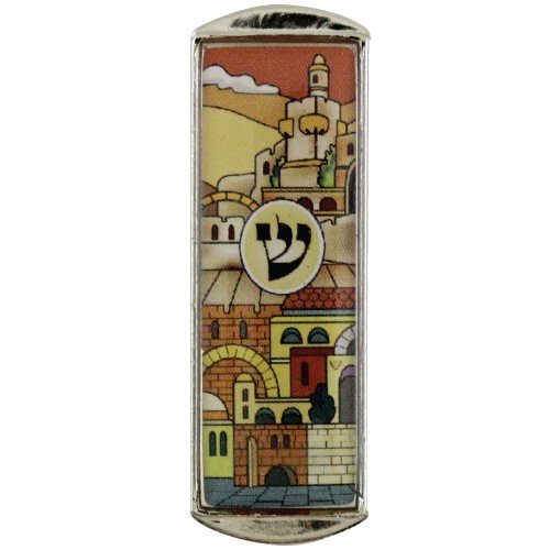 Nickel Plated Car Mezuzah – Colorful Jerusalem Images