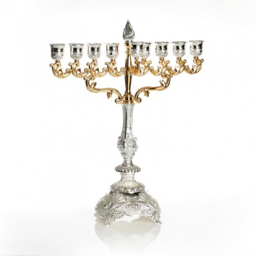 Nickel Plated Chanukah Menorah, Classic Design Gold and Silver  13.3 Inches