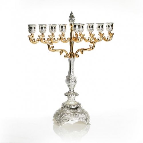 Nickel Plated Chanukah Menorah, Classic Design Gold and Silver – 13.3 Inches Height