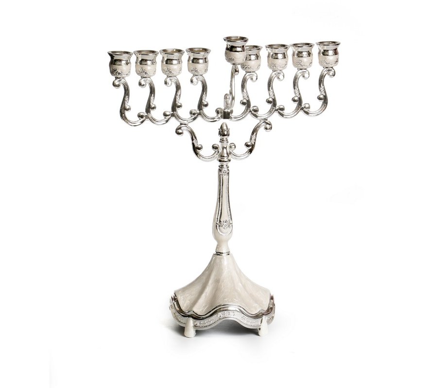 Nickel Plated Chanukah Menorah with Cream Colored Enamel - 11