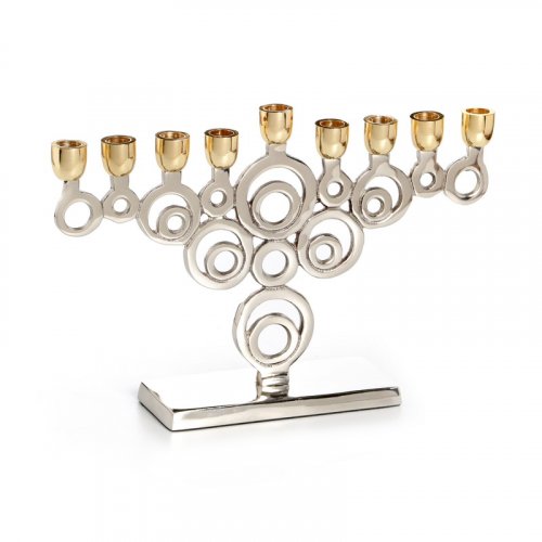 Nickel Plated Chanukah Menorah with Gold Cups, Circle Design  7