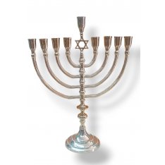 Nickel Plated Chanukah Menorah with Star of David, For Oil or Candles - 14 Inch