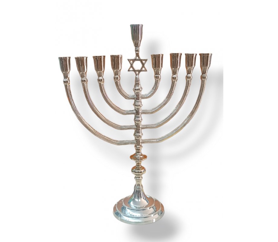 Nickel Plated Chanukah Menorah with Star of David, For Oil or Candles - 14 Inch