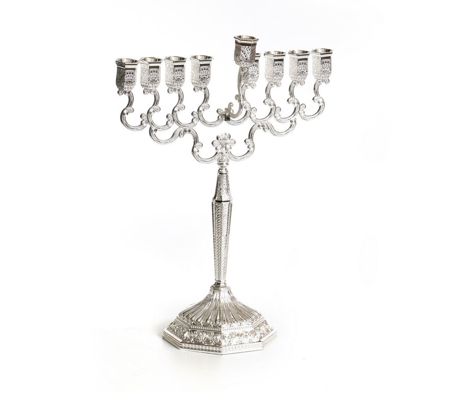 Nickel Plated Curly Design Chanukah Menorah - 11