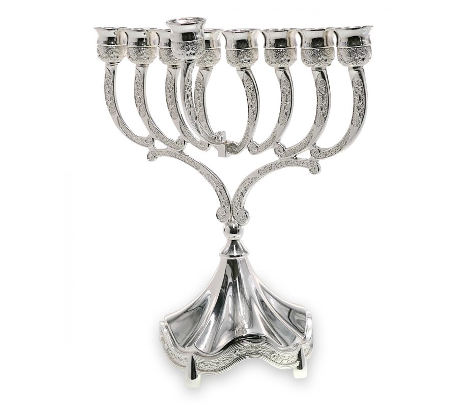 Nickel Plated Hanukkah Menorah, Decorative Base and Branches – 9 Inches Height