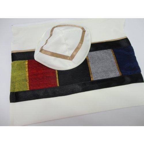 Off White Tallit Set with Colored Panels by Galilee Silk