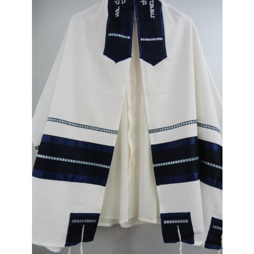 Off White and Blue Tallit Set by Galilee Silk