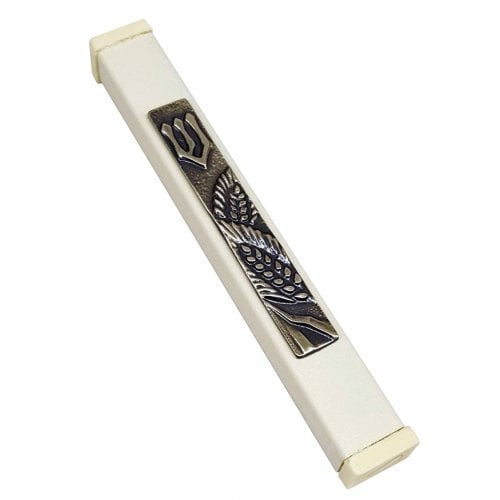 Off-White Aluminum Mezuzah Case Ornate Shin - Wheat Motif