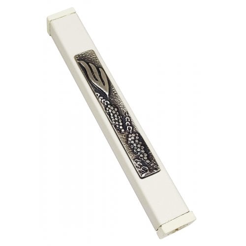 Off-White Aluminum Mezuzah Case Ornate Metal Shin - Grape Clusters