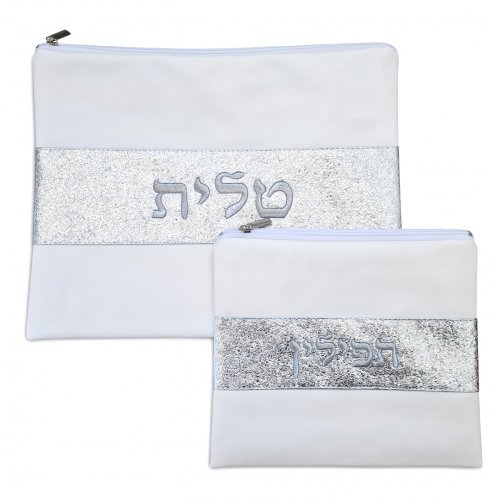 Off-White Faux Leather Tallit and Tefillin Bag  Glittering Silver Embroidery