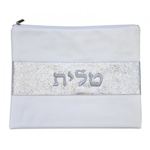 Off-White Faux Leather Tallit and Tefillin Bag  Glittering Silver Embroidery