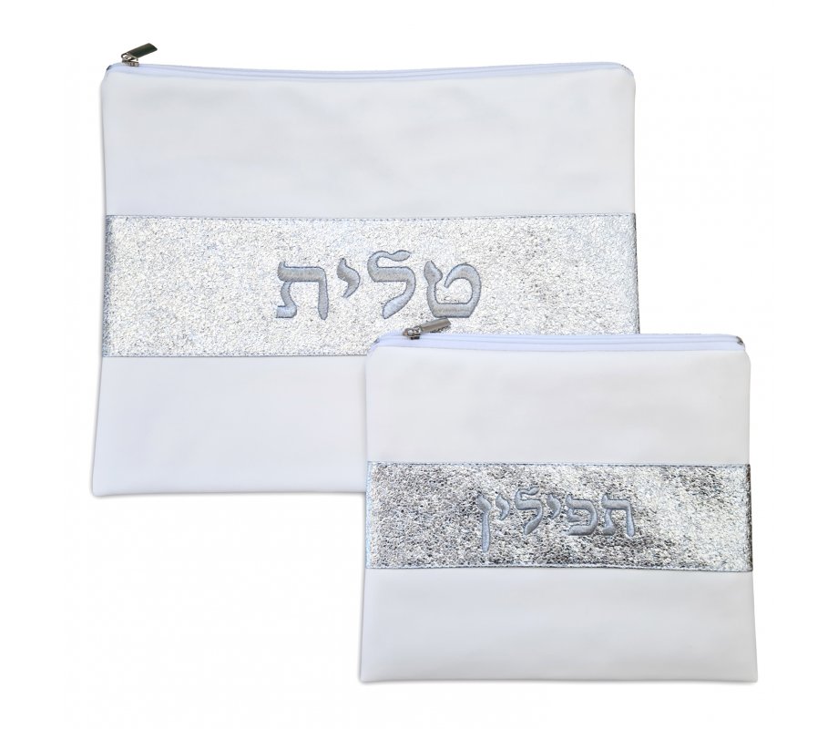 Off-White Faux Leather Tallit and Tefillin Bag – Glittering Silver Embroidery