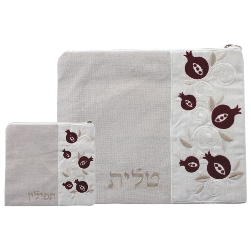 Off-White Linen Tallit and Tefillin Bag Set with Embroidered Maroon Pomegranates