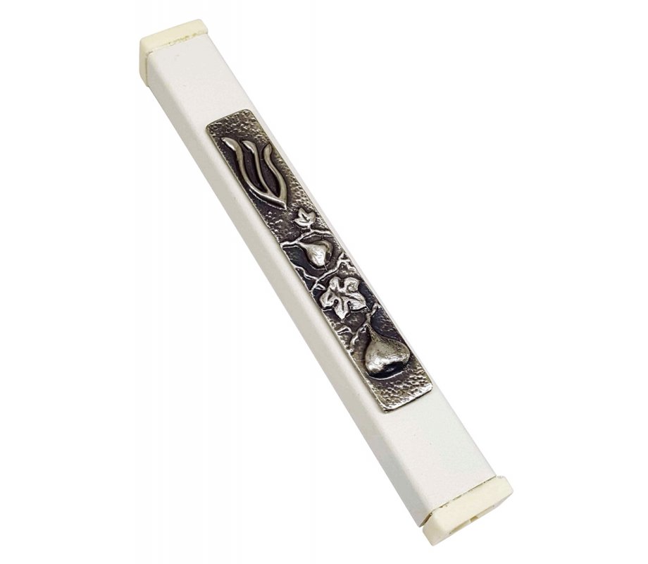 Off-White aluminum Mezuzah Case Ornate Shin - Fig Motif