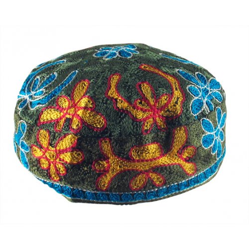 Olive Green Bucharian Hand Embroidered Kippah