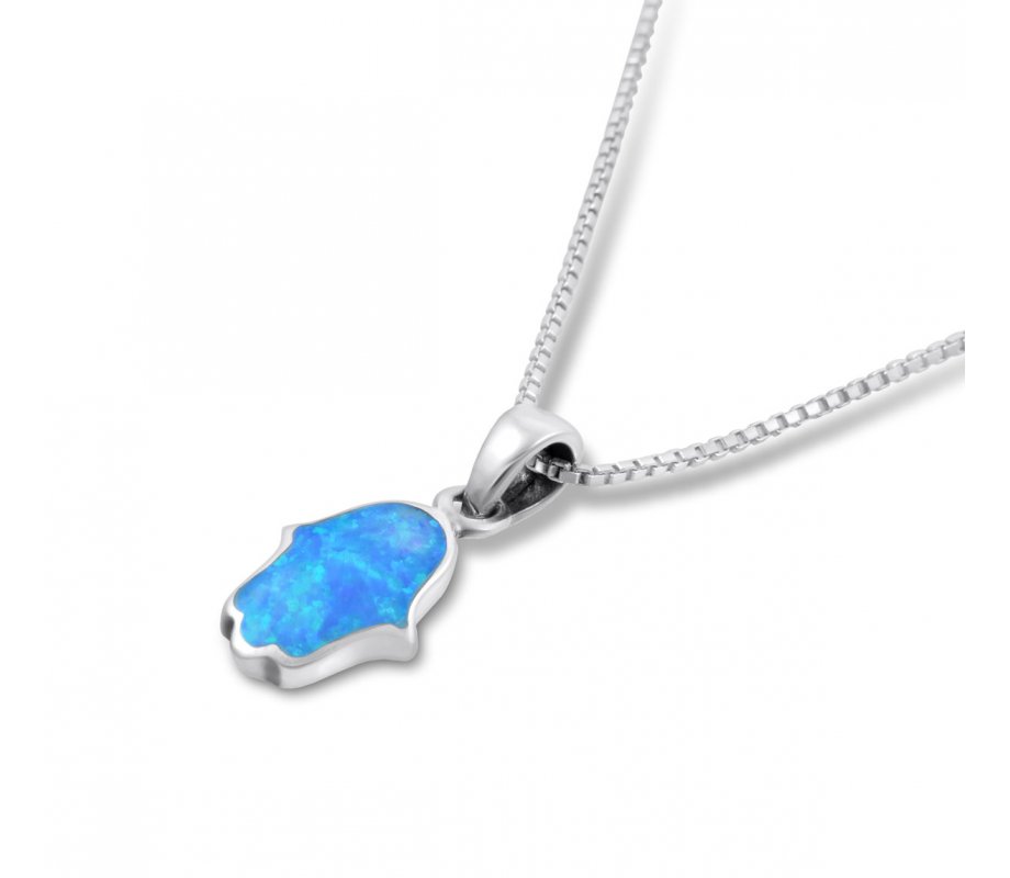 Opal Hamsa Necklace Light Blue Pendant in 925 Sterling Silver