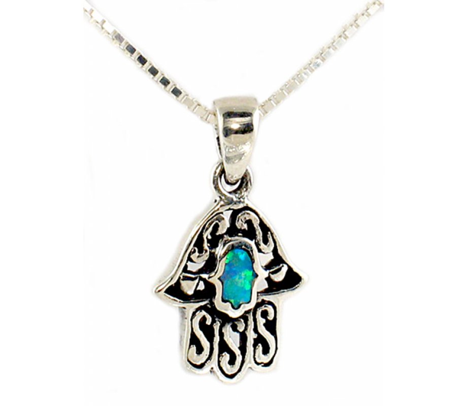 Opal Sterling Silver Hamsa Necklace | aJudaica.com