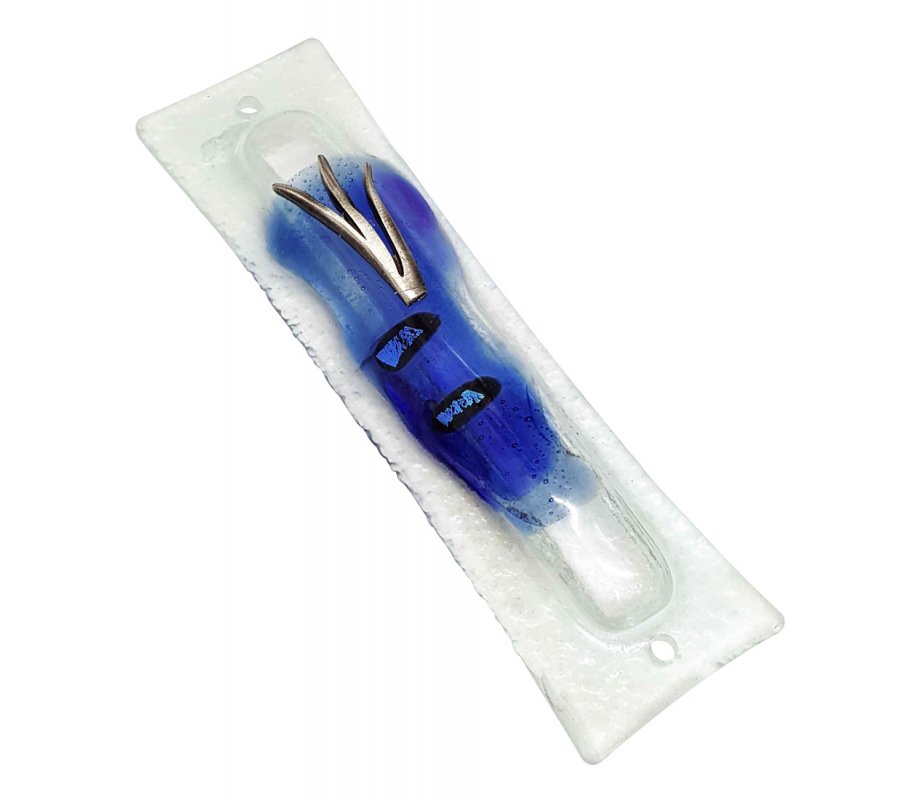 Opaque Glass Mezuzah Case Decorative Elements Pewter Shin - Blue