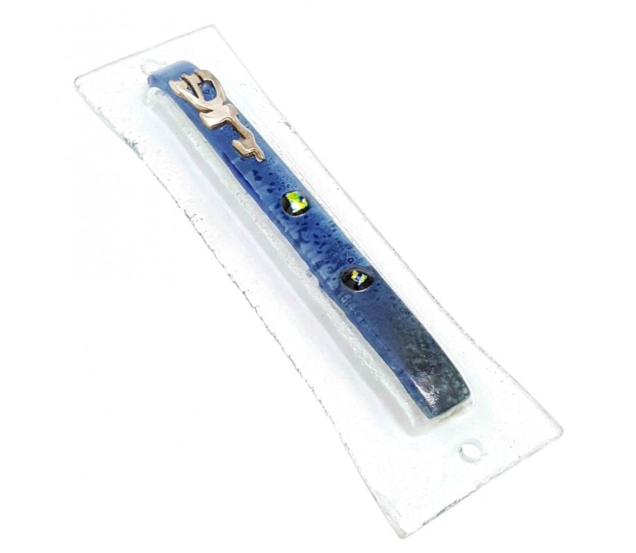 Opaque Glass Mezuzah Case Decorative Elements Pewter Shin Daled Yud - Blue