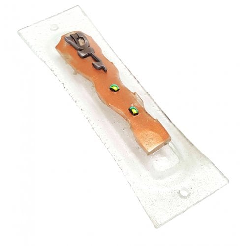 Opaque Glass Mezuzah Case Decorative Elements Pewter Shin Daled Yud - Brown