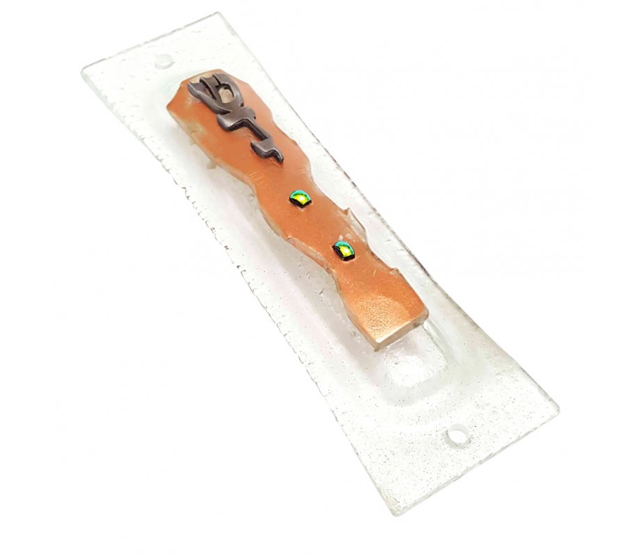 Opaque Glass Mezuzah Case Decorative Elements Pewter Shin Daled Yud - Brown