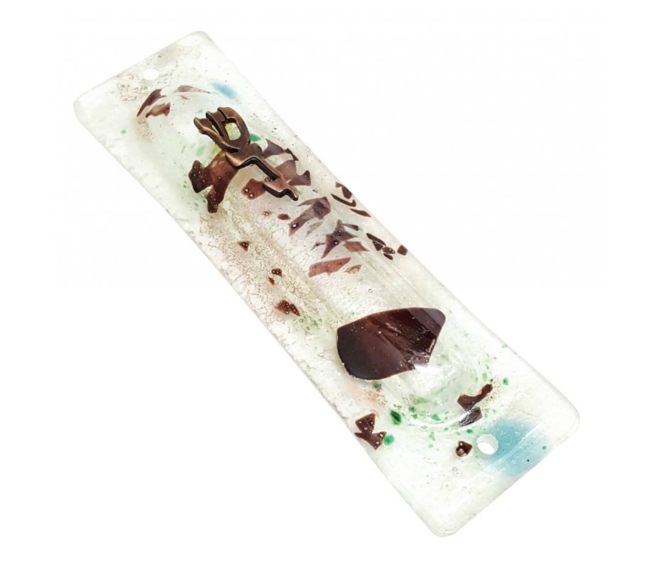 Opaque Glass Mezuzah Case with Pewter Shin Daled Yud - Brown Abstract Design
