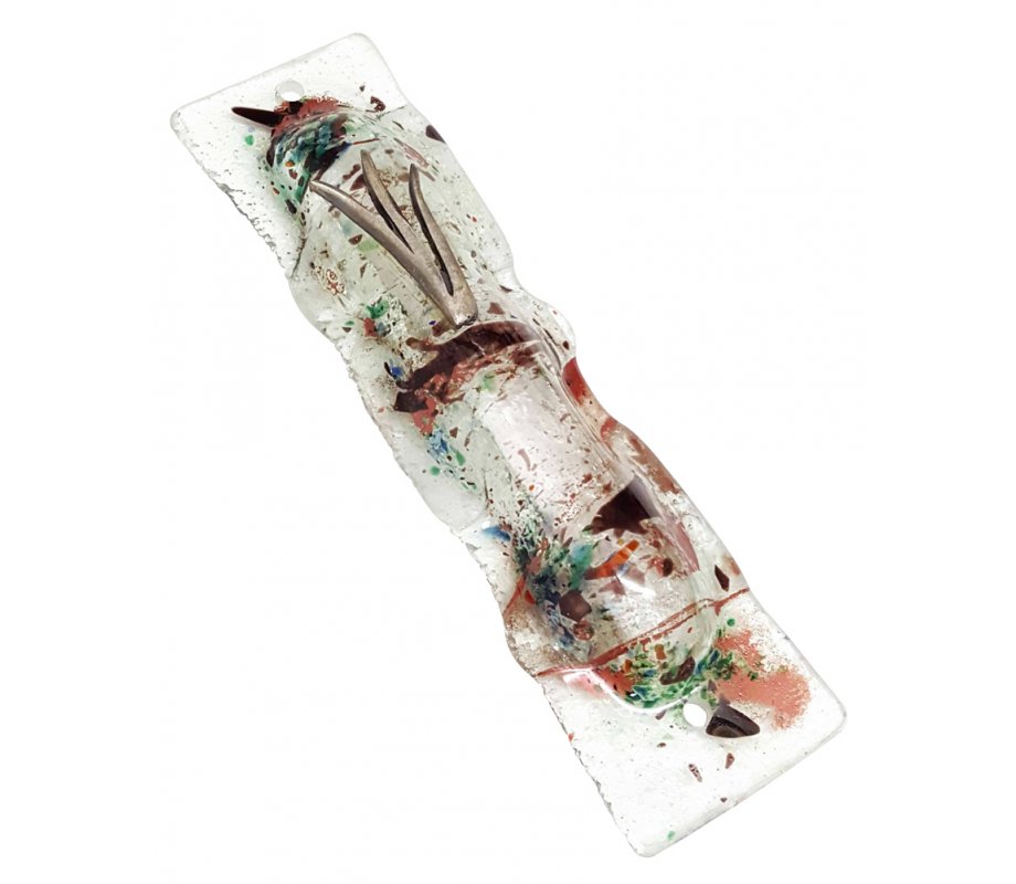 Opaque Glass Mezuzah Case with Pewter Shin and Multicolor Abstract Design