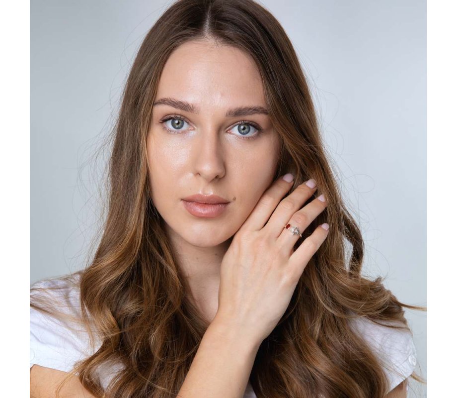 Open Sterling Silver Ring, Red Pomegranate and Star of David with Shema Yisrael