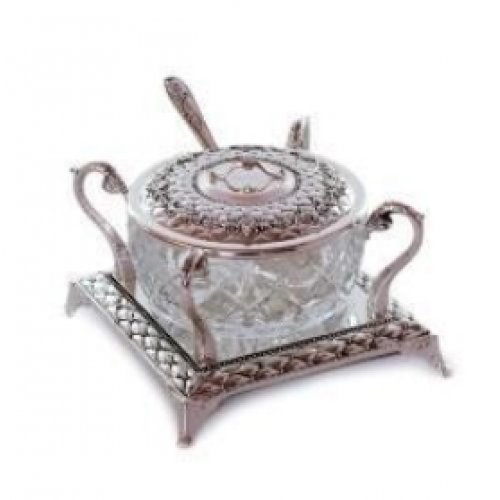 Ornately Decorated Square Silver Plated Honey Dish with Glass Insert