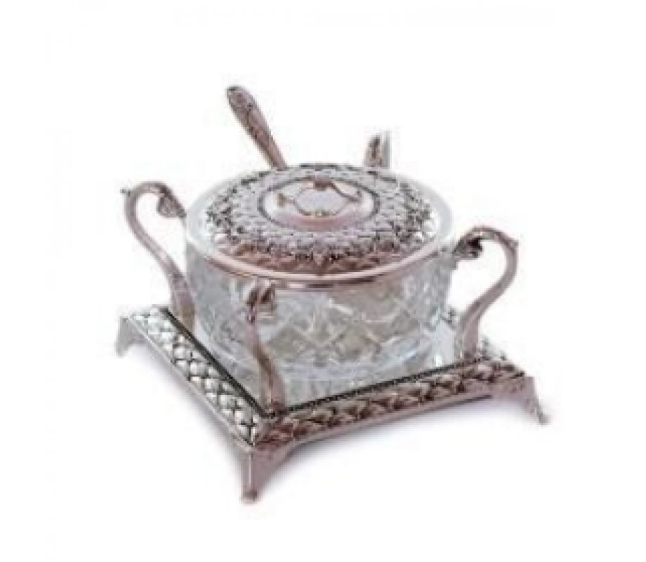 Ornately Decorated Square Silver Plated Honey Dish with Glass Insert