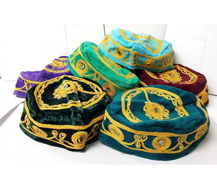 Pack of 3 Velvet and Gold Bucharian Kippah - Assorted Colors