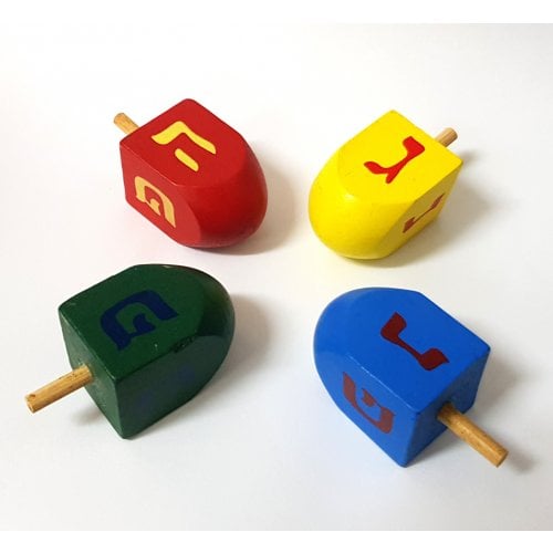 Package of Four Colorful Wood Dreidels with letters