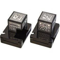 Pair of Black Plastic Tefillin Boxes with Decorative Plaques
