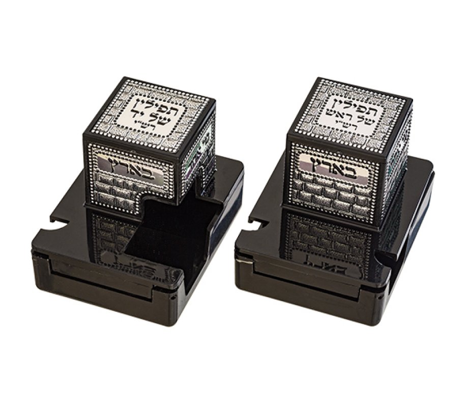 Pair of Black Plastic Tefillin Boxes with Decorative Plaques