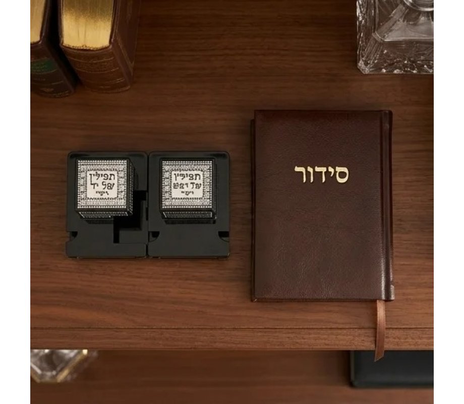 Pair of Black Plastic Tefillin Boxes with Decorative Plaques