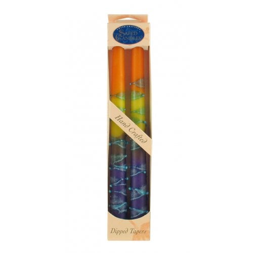 Pair of Galilee Handcrafted Decorative Taper Candles - Purple, Yellow and Orange