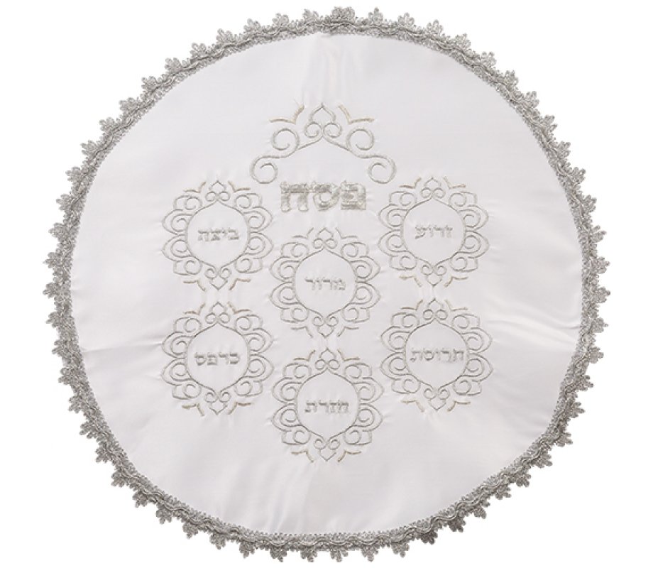 Passover Seder Matzah Cover – Embroidered Swirls with Seder Plate Items