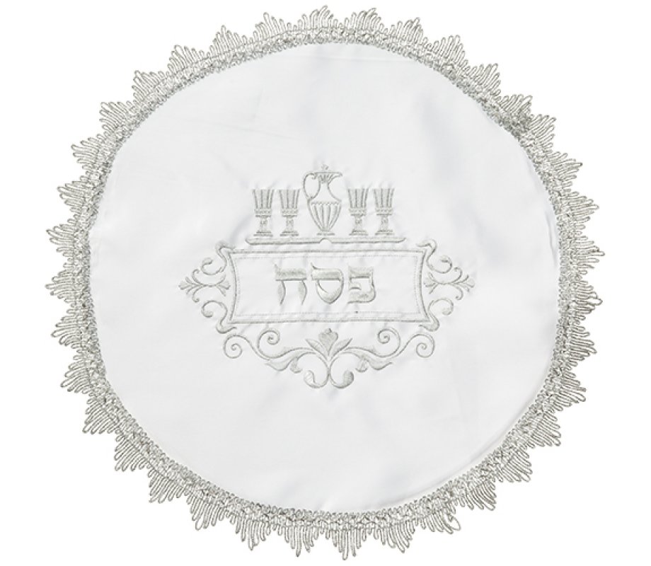 Passover Seder Matzah Cover , Silver Embroidered Pesach Cups of Wine - Satin