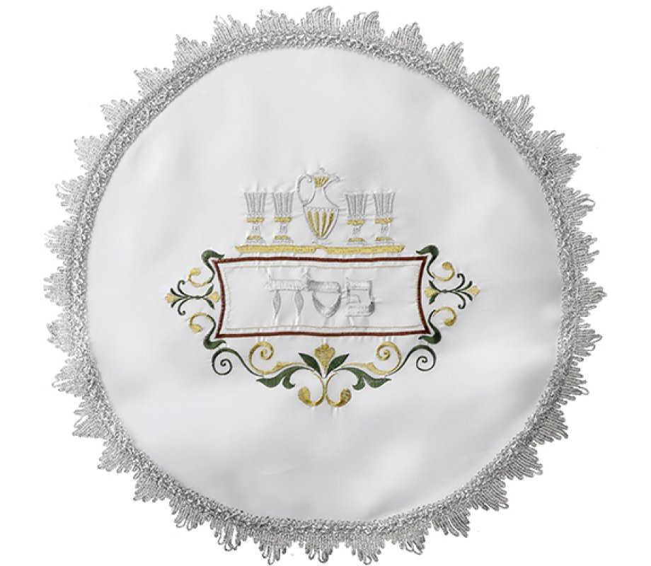 Passover Seder Matzah Cover – Silver, Gold and Green Embroidery of Four Cups