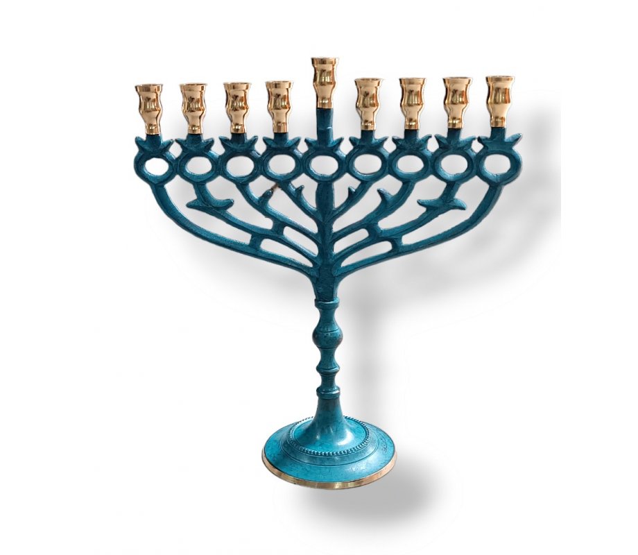 Patina Chanukah Menorah with Pomegranate and Leaf Design, For Candles - 12 Inches